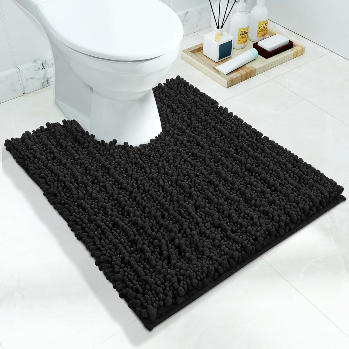 Yimobra Toilet Rug U Shaped Washable 24x20 Inch - Ultra Soft Absorbent Chenille Bath Rugs for Toilet, Quick Dry & Machine Washable, Non Slip Contour Bathroom Mat, Black