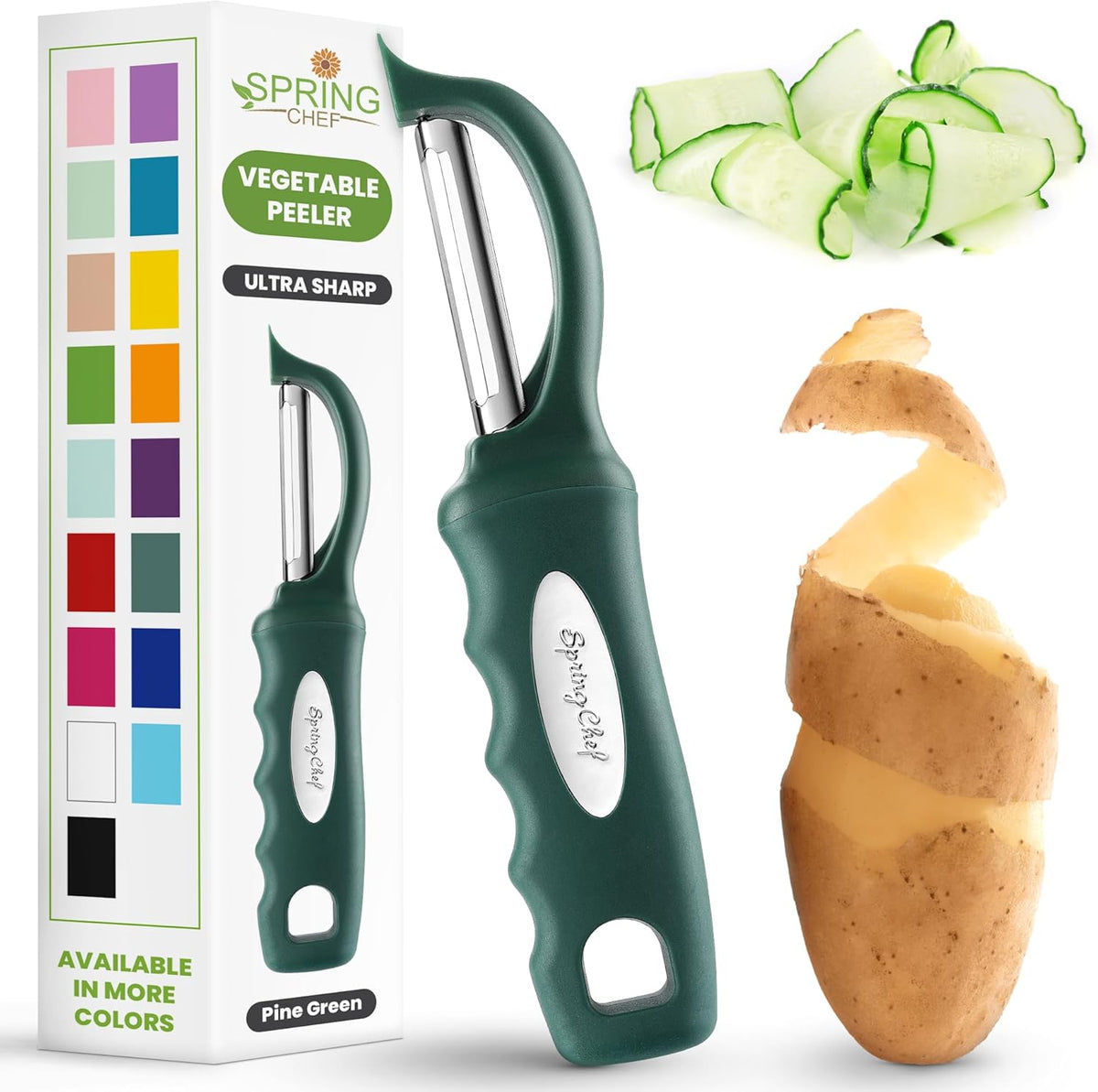 Spring Chef Professional Swivel Vegetable Peeler for Kitchen, Stainless Steel Potato Peeler with Comfortable Handle, Great for Apple, Veggie, Carrot, Cucumber - Dishwasher Safe - Pine Green
