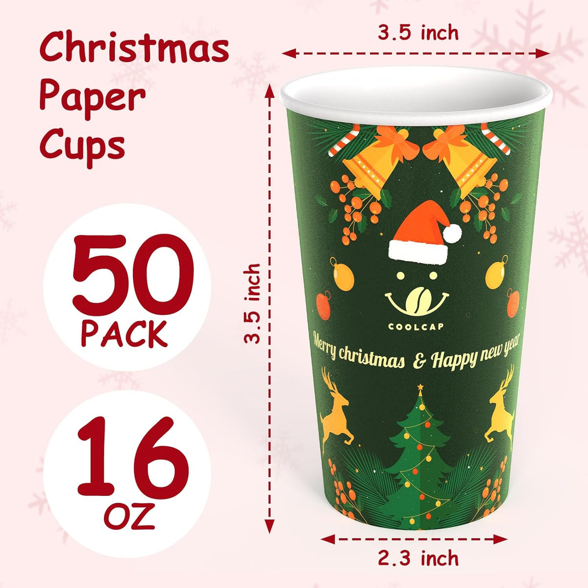 Christmas Cups, 50 Pack Party Decor, To Go Paper Hot Cups for Chocolate, Cocoa, Coffee (Green, 16 oz)