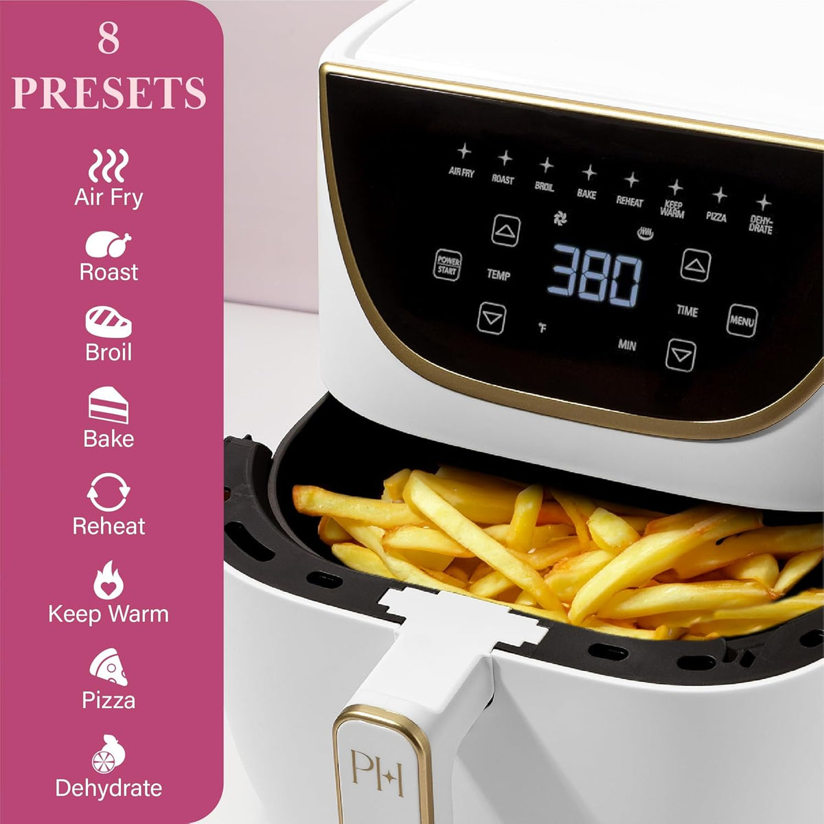 Paris Hilton Air Fryer, Large 6-Quart Capacity, Nonstick Made without PFAS, Touchscreen Display, 8-in-1 (Air Fry, Roast, Broil, Bake, Reheat, Keep Warm, Pizza, Dehydrate), Dishwasher Safe, White