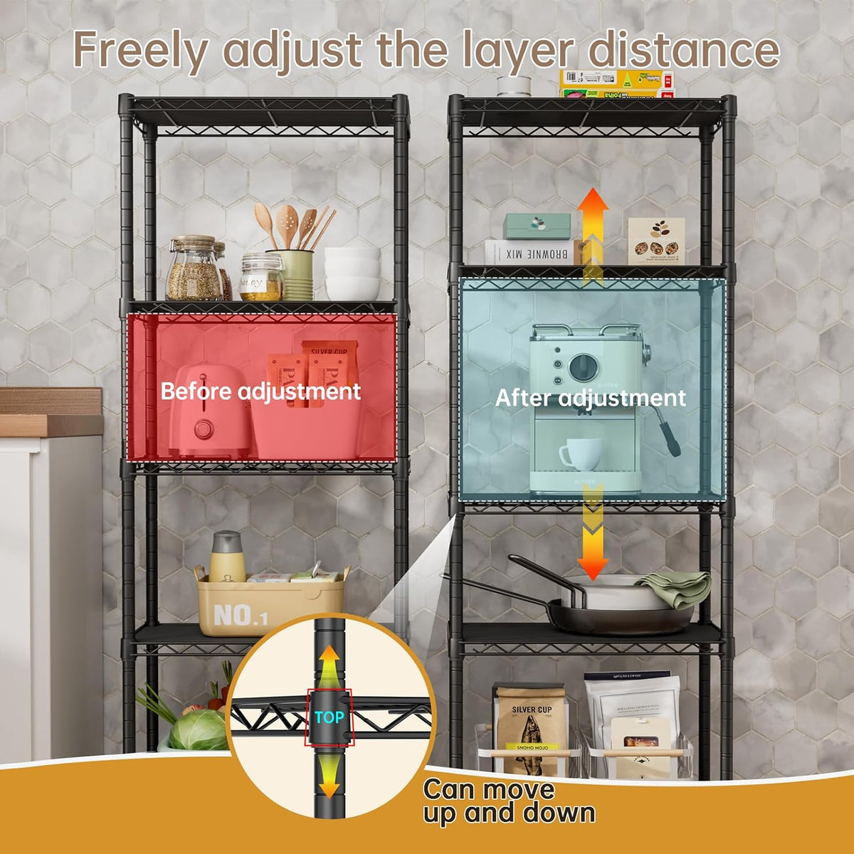 SINGAYE 5 Small Wire Shelves Kitchen Pantry Close Home Organizers and Storage Bathroom Shelf Laundry Room Organization Adjustable Book Metal Garage Shelving Unit