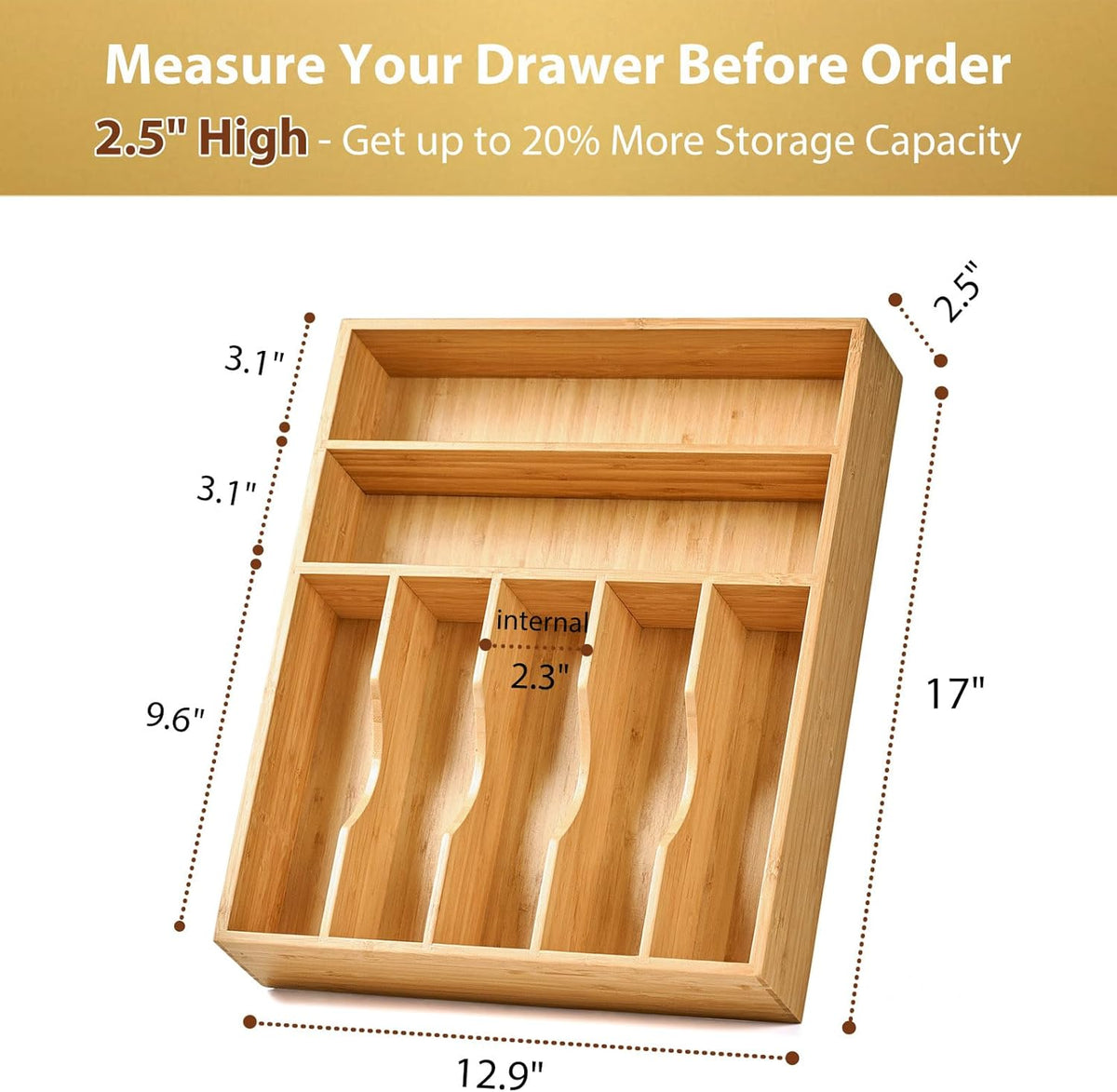 Umilife Bamboo Kitchen Drawer Organizer, 13 Inch Silverware Utensil Tray Holder, Extra Deep Grooved Drawer Divider, 7 Slots Total Bamboo Wood Caddy for Flatware Cutlery Knives, Forks, Spoons