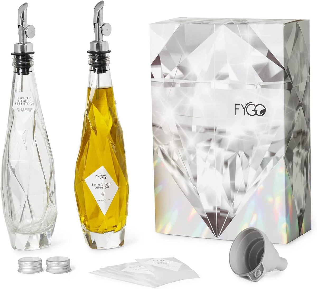 FYGO Diamond Lux Olive Oil Bottle Dispenser - Oil and Vinegar Container Set With Pourer and Funnel - Glass Bottle for Kitchen - 350ml - Set of 2