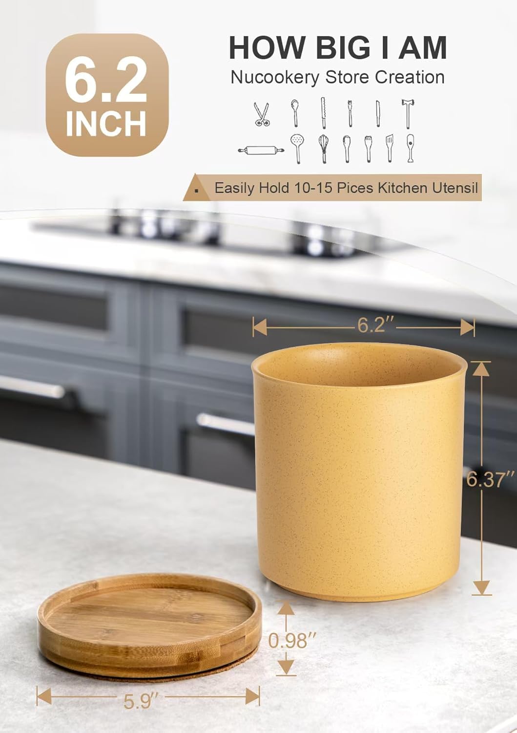 Nucookery 360°Rotating Utensil Holder, 7.2" Kitchen Utensil Crock, Ceramic Cooking Utensil Organizer with Countertop-Protection Cork Bottom for Farmhouse Kitchen Decor Christmas (Yellow Sand)