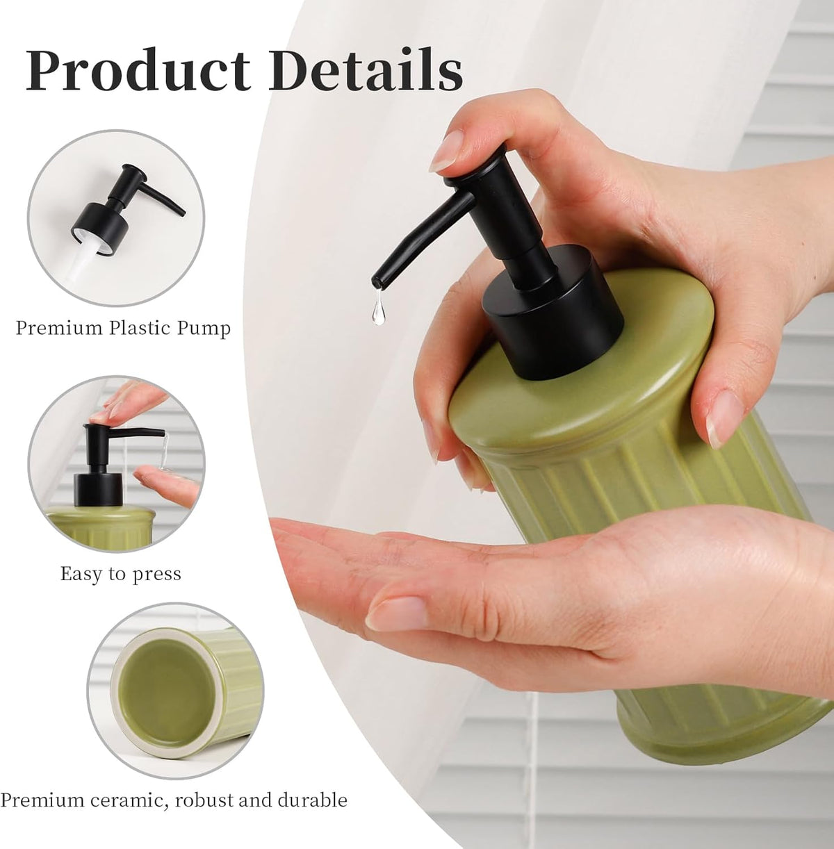 Soap Dispenser, Ceramic Liquid Dish Soap Dispenser 11.84OZ, Hand Soap Dispenser for Kitchen Bathroom, Refillable Shower Soap Dispenser, Green, ANTIS'S HOME