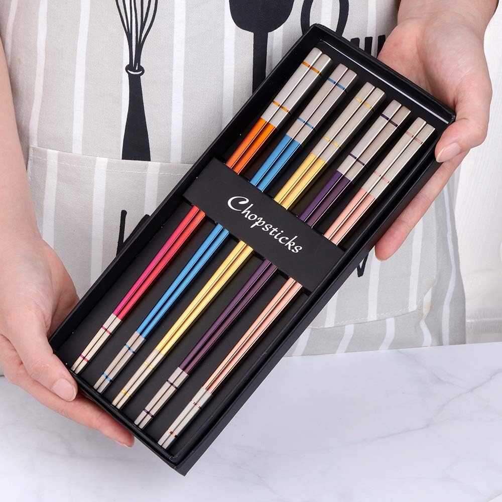 Buyer Star 5-pair Nice Stainless Steel Featured Chopsticks Metal Reusable Chopsticks Chinese Square Chopsticks