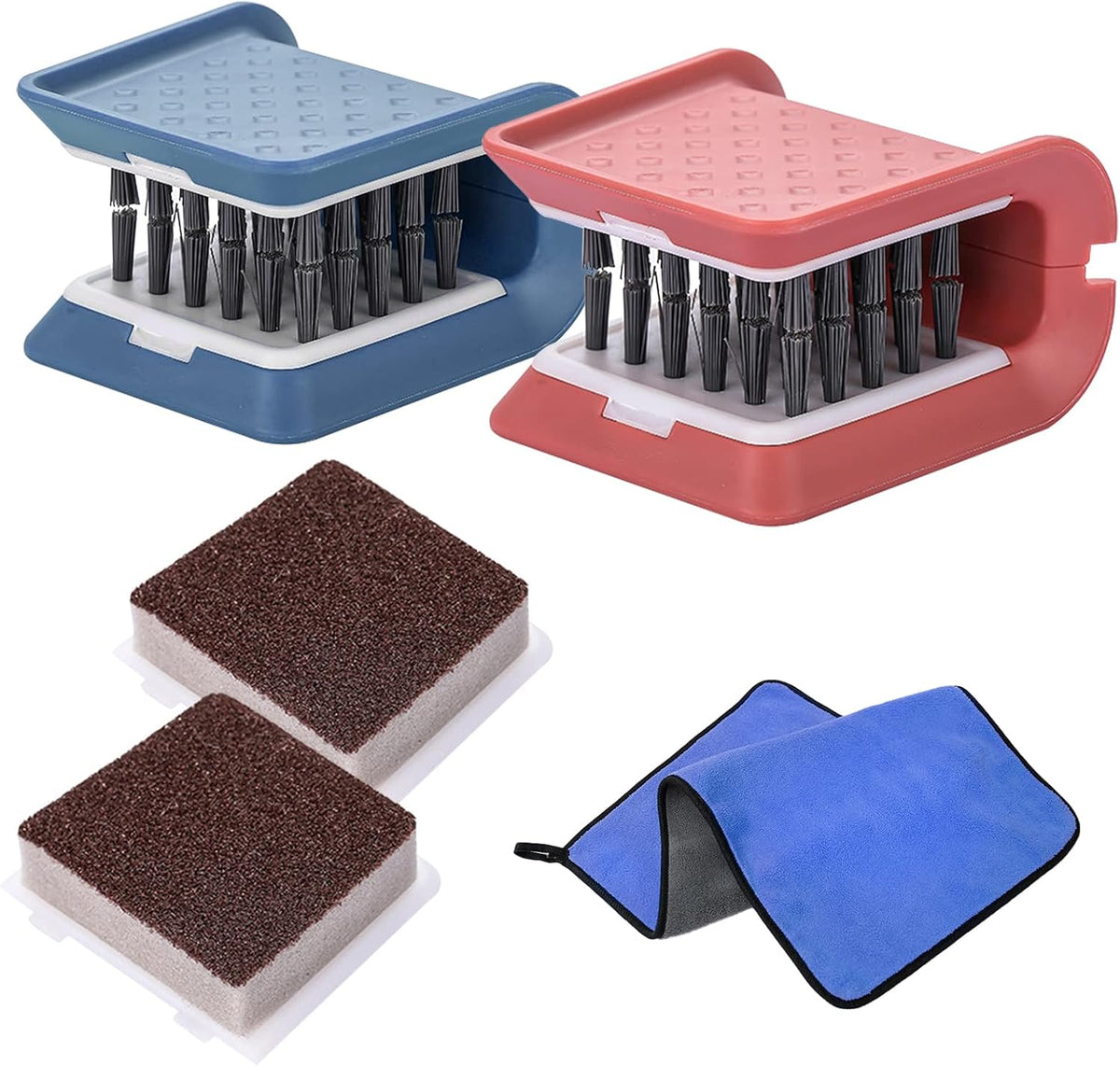 Knife Cleaner, 2 Pack Cutlery Cleaner, Blade Cleaner with 2 Pcs Replacement Sponge Brush Head,Microfiber Cleaning Cloth, for Kitchen Chopsticks Fork Spoon Knives Washing(Blue,Pink)