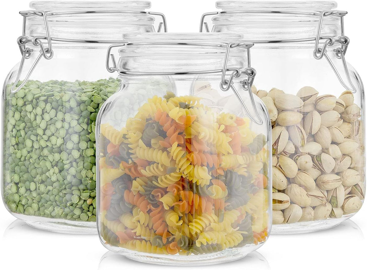 JoyJolt Airtight Glass Jars with Lids Set of 3. 32oz Glass Jar with Lid and 6 Silicone Seals! Med Glass Food Storage Containers. Square Mason Jar, Candy Jar, Sugar Jar, Pasta Containers for Pantry
