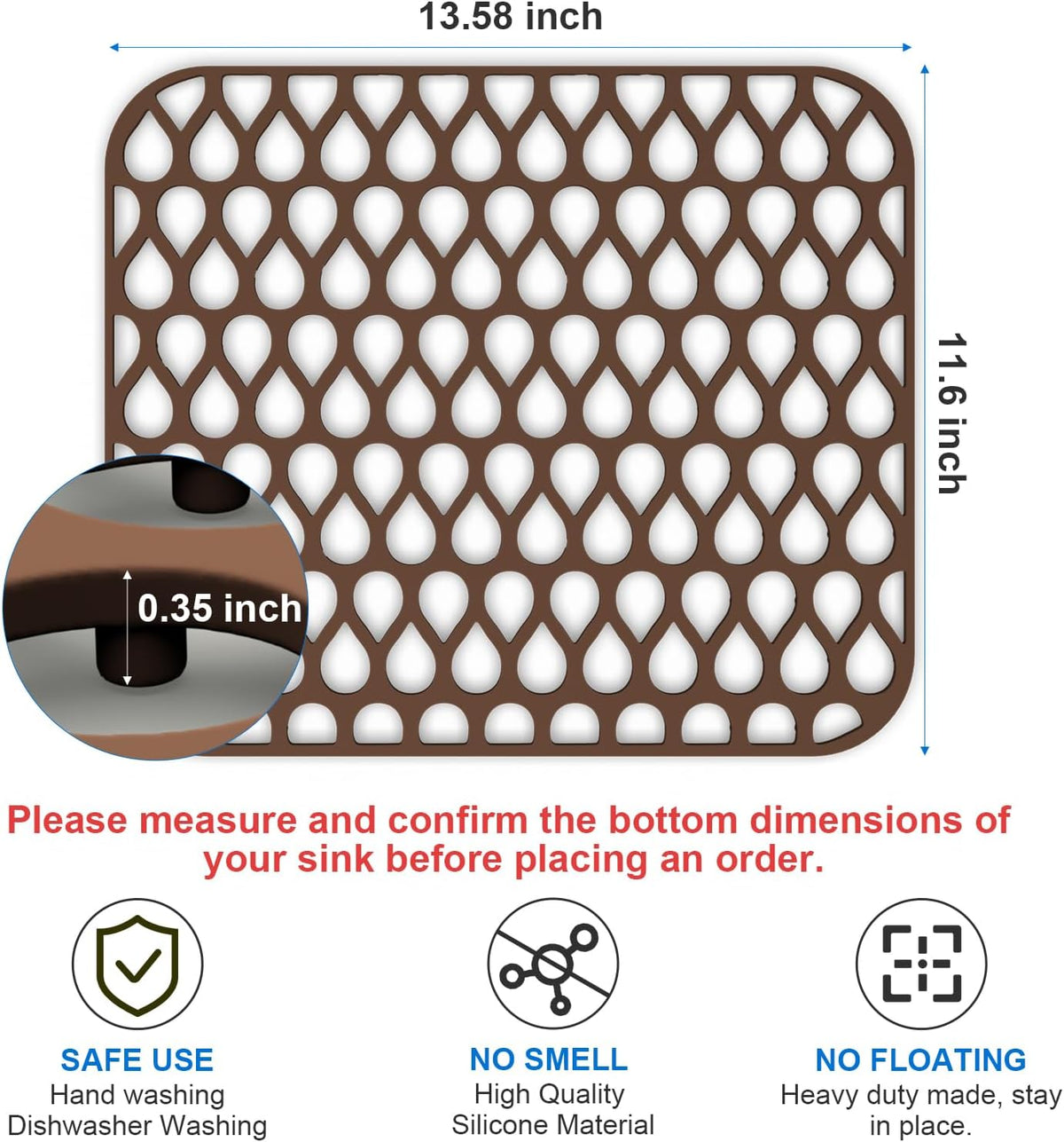 TOOVEM 13.6"x11.6" Kitchen Sink Protector - Large Silicone Mat Grid for Bottom of Farmhouse Sink - Heat Resistant - Coffee - 1 Pack