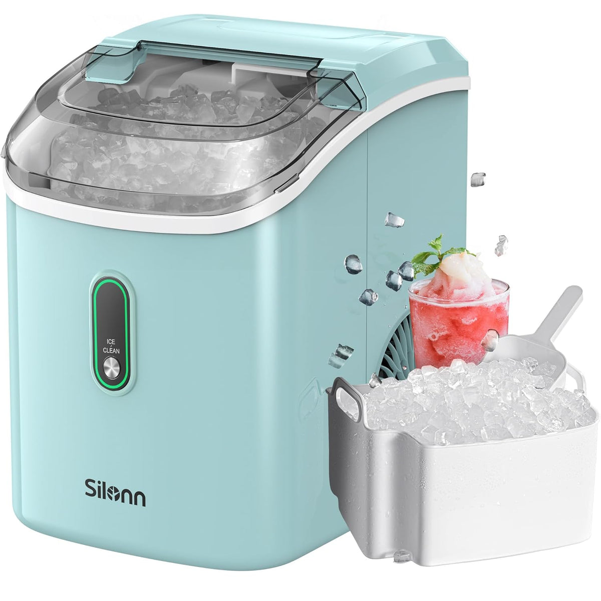 Silonn Nugget Ice Maker Countertop, Portable Pellet Ice Machine with Self-Cleaning Function, Sonic Ice Maker Produces 33lbs of Chewable Ice in 24 Hours, Ideal for Home Kitchen and Office, Green
