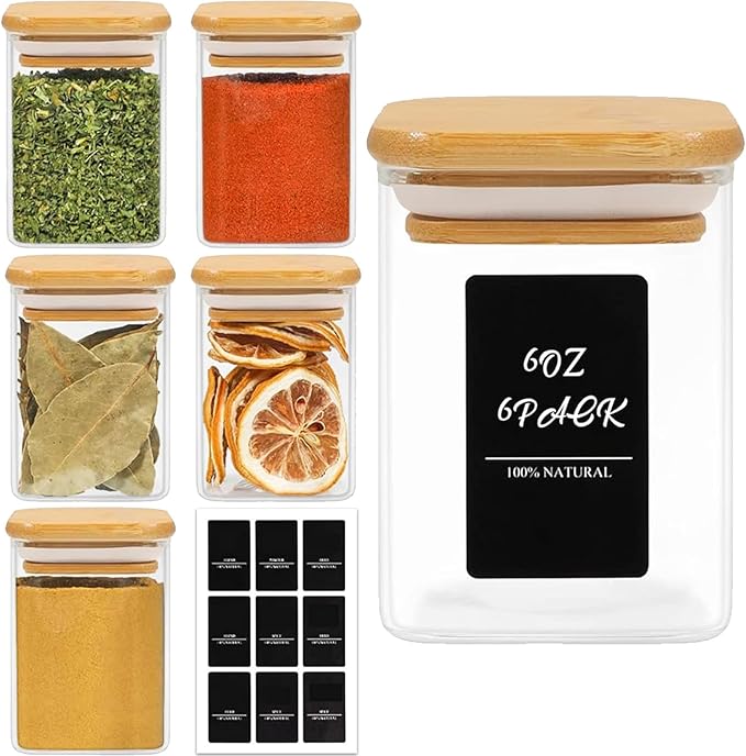 ComSaf 6Pcs 6 oz Spice Jars with Label Trial Set, Glass Spice Jars with Bamboo Lids Supplementary Set, Seasoning Container Trial Pack, Perfect for Ktichen Starter