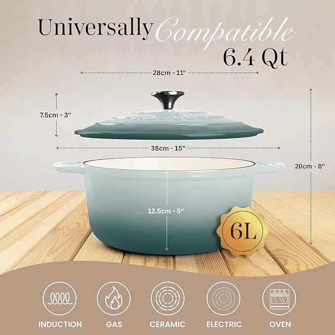 Nuovva Enamelled Cast Iron Dutch Oven Pot with Lid 6.4 Quart Non Stick Casserole Pot – Heavy Duty & Oven Safe up to 500° F for Bread Baking, Braising, Stews, Roasting – 28cm Sea Salt