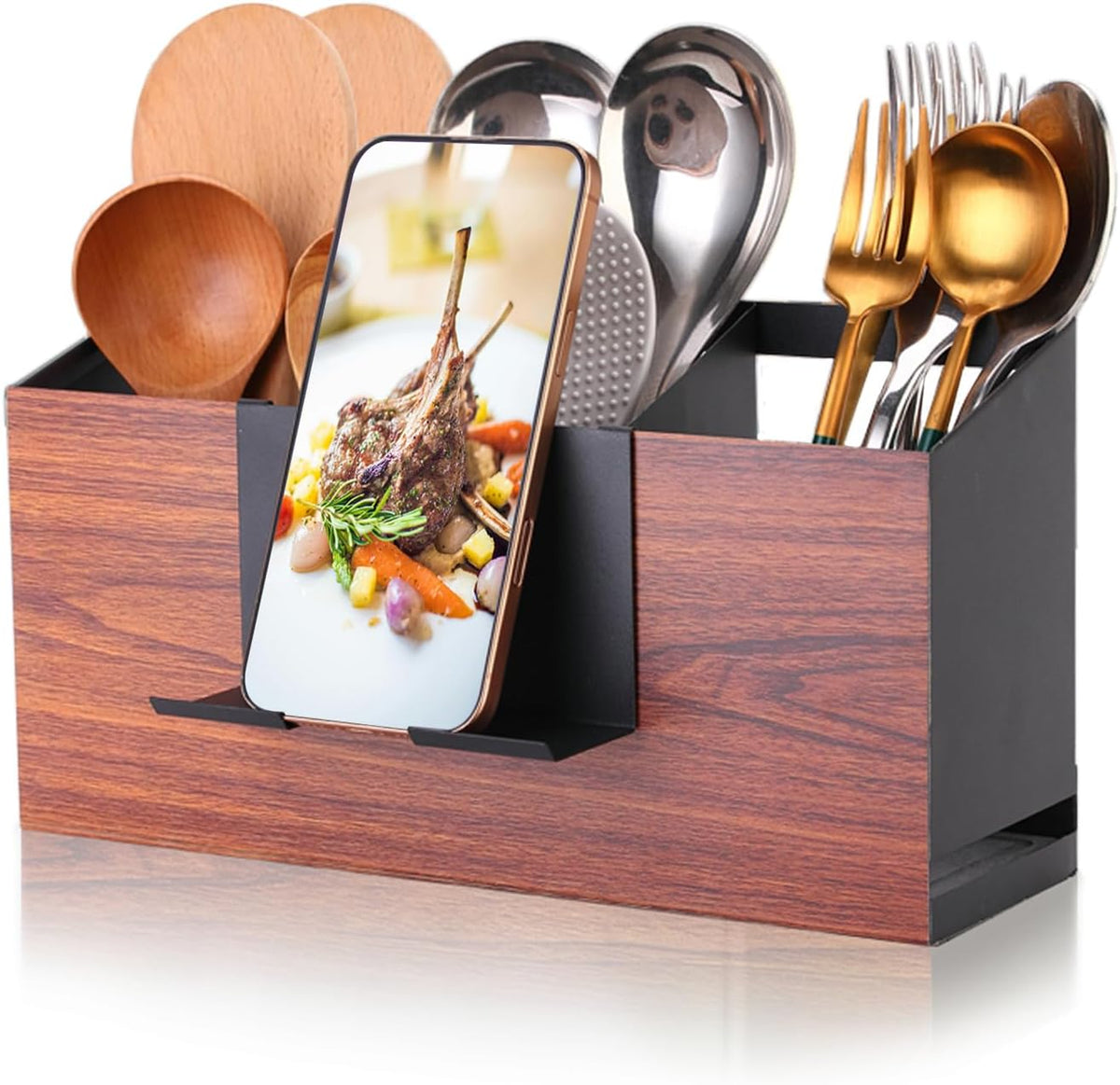 Utensil Holder Large Iron Flatware Container with 3 Compartments Countertop Wall-mounted Kitchen Utensil Storage (Black)