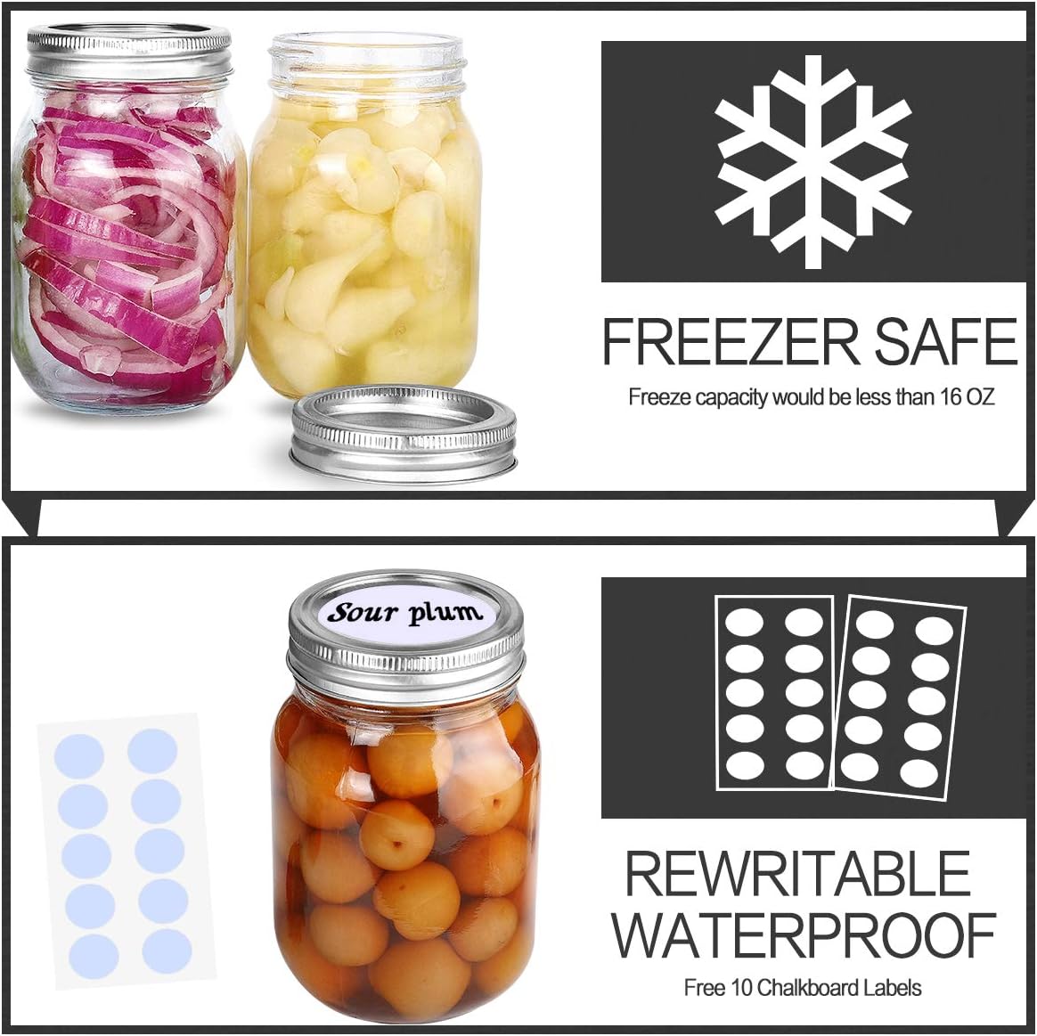 KAMOTA Mason Jars 16 OZ With Regular Lids and Bands, Ideal for Meal Prep, Jam, Honey, Wedding Favors, Shower Favors, Baby Foods, DIY Magnetic Spice Jars, 6 PACK, 10 Whiteboard Labels Included