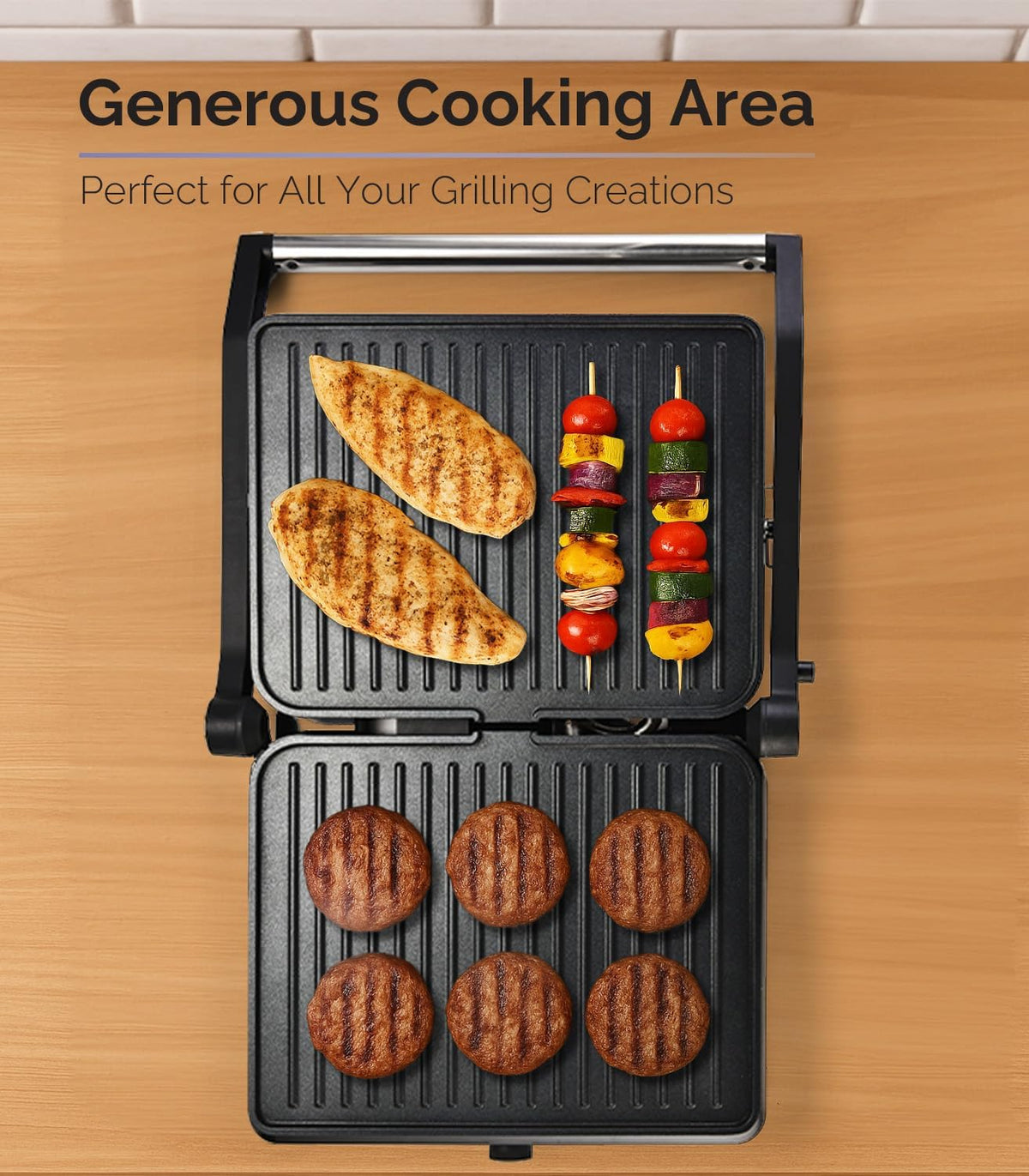 MOI Panini Press Grill & Sandwich Maker - 180° Dual-Plate Stainless Steel Grill Press for Paninis, Grilled Cheese, Burgers, Quesadillas, Breakfast, and More - 11 x 9 Inch Panini Maker with Drip Tray