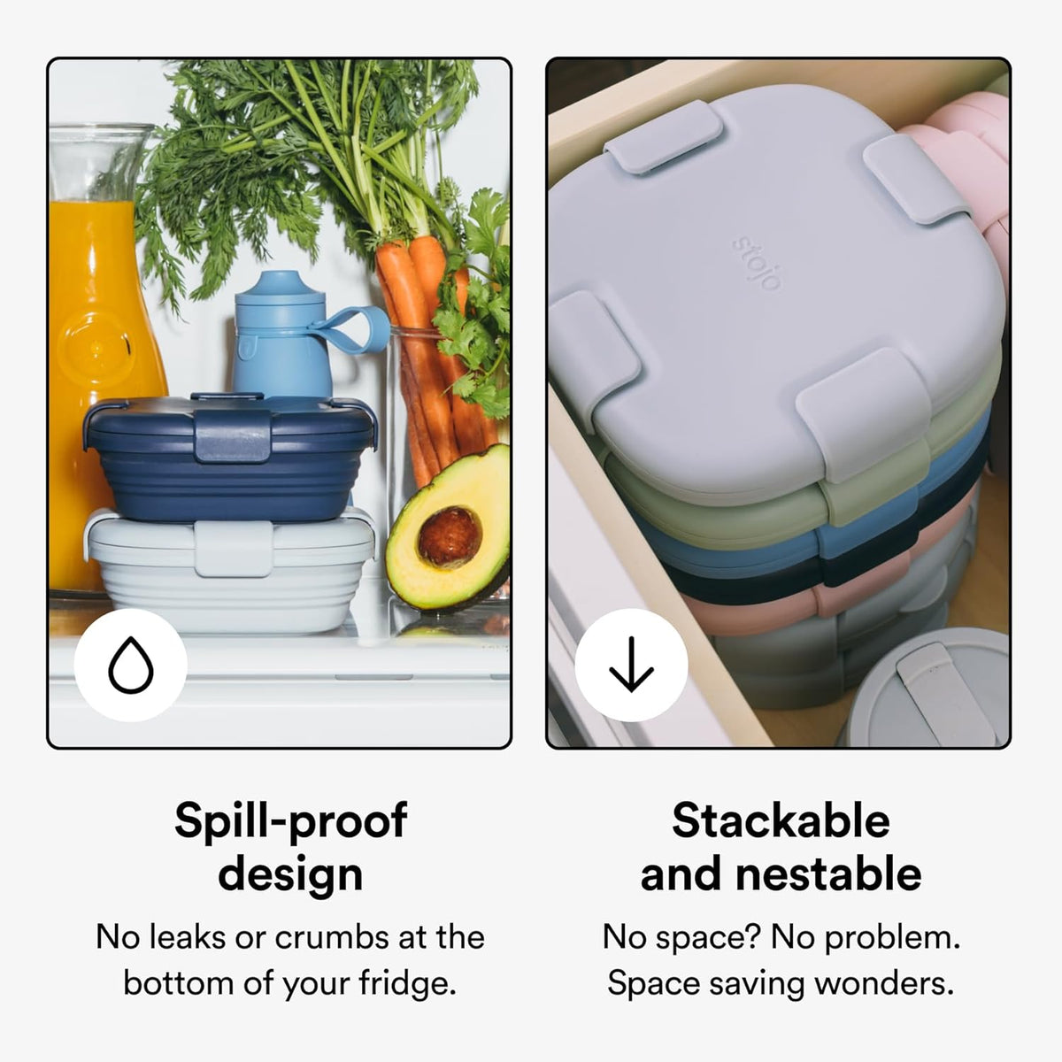 STOJO Collapsible Sandwich Box – 24oz, Reusable Food Storage Container, Silicone Bowl for Hot/Cold Food – Meal Prep, Lunch, Camping, Hiking – Dishwasher Safe (Set of 5, Translucent Eucalyptus)
