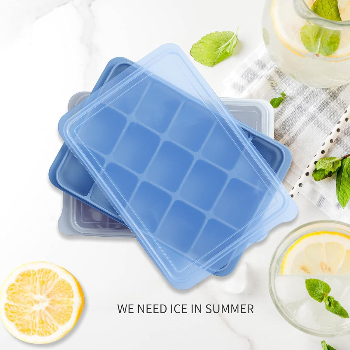 Ice Cube Trays Set of 2, Easy Release 15 Flexible Silicone Ice Cube Molds with Removable Lid Reusable Freezer Ice Trays Stackable for Whiskey, Baby Food, BPA Free (BLUE+GRAY)
