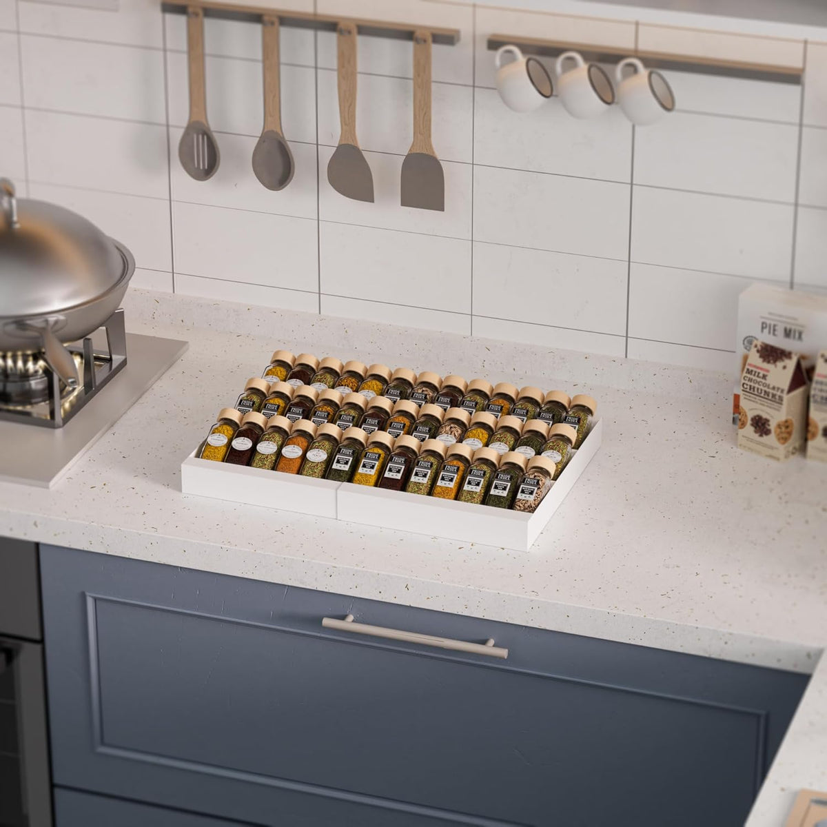 Expandable Metal Spice Drawer Organizer,3-Tier Slanted Seasoning Jars Tray for Kitchen Cabinet Drawers Insert/Countertop (Jars not included)-3Tier,2packs/White