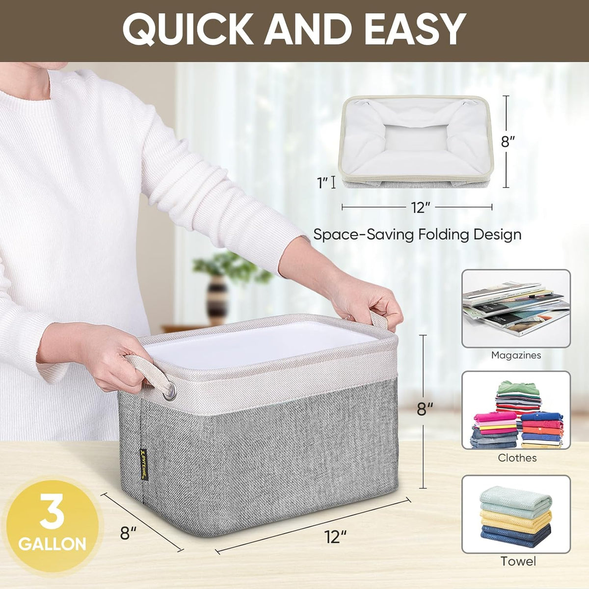 BALEINE 3 Pack Fabric Storage Bins for Shelves, Linen Storage Baskets for Organizing, Decorative Closet Bins for Clothes, Home (Grey, 12"x8"x8")