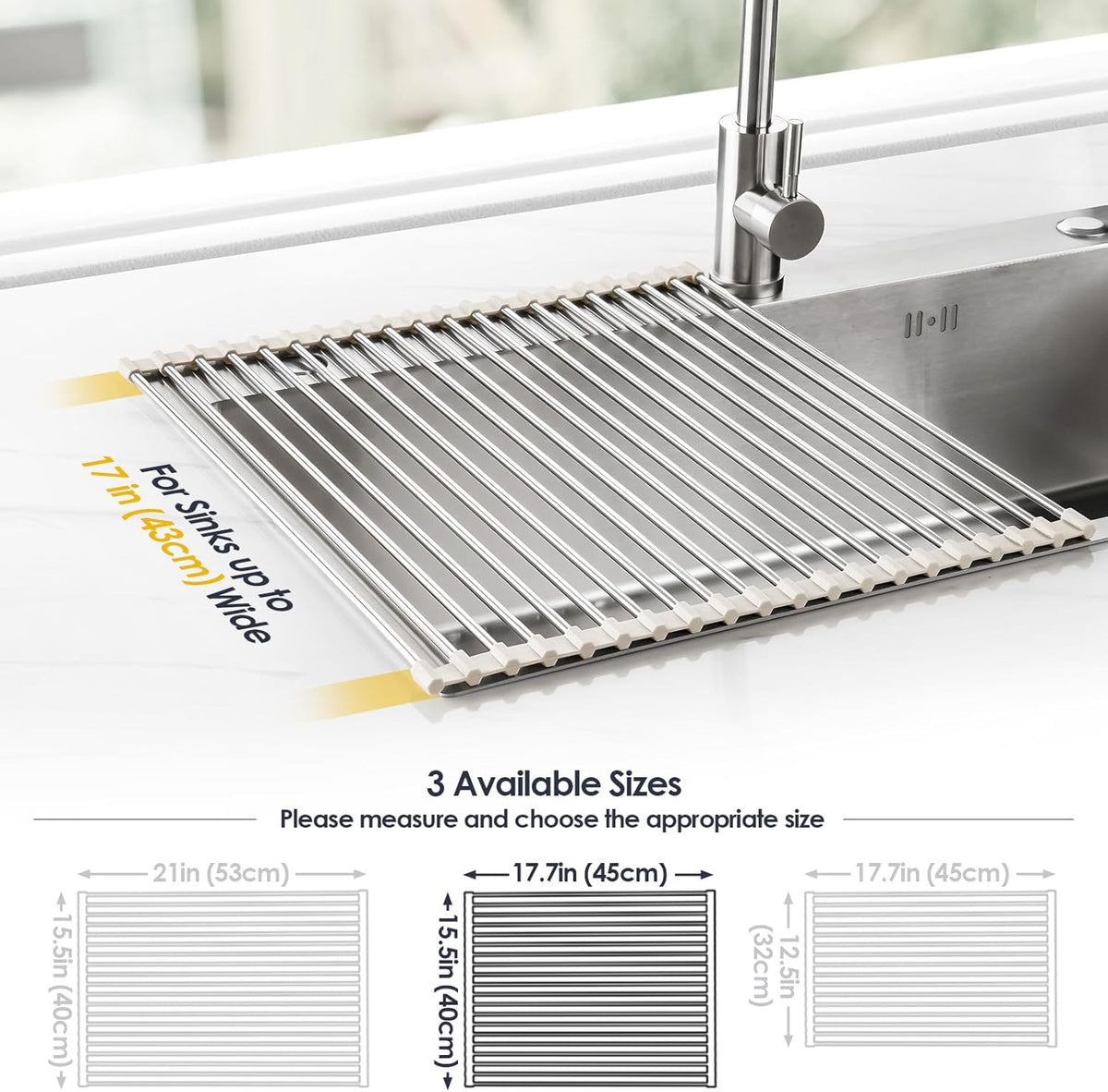 Tomorotec 17.7" x 15.5" Roll Up Dish Drying Rack Over Sink Drying Rack Sink Cover Kitchen Sink Accessories Gadget Multipurpose Organizer Foldable Stainless Steel Drainer