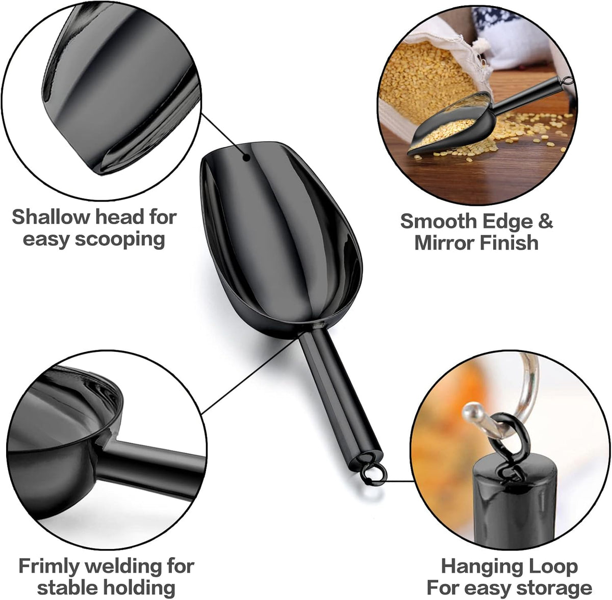 TeamFar Ice Scoop, 5oz Stainless Steel Canister Small Ice Candy Scoops for Kitchen Dispenser Buffet Jars, Healthy & Sturdy, Multi-use & Mirror Finish, Dishwasher Safe-2 PCS, Black