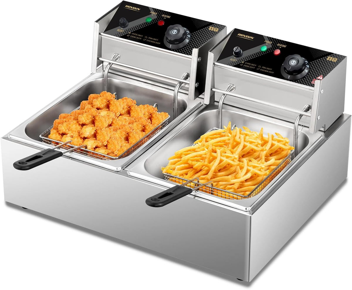 ROVSUN 22.8QT Commercial Deep Fryer with Baskets & Lids, 21.8L Stainless Steel Electric Double Fryer, Countertop Kitchen Frying Machine w/Temperature Control, French Fries Donuts 3400W