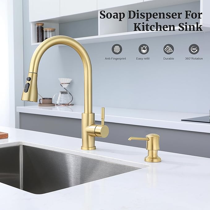 Brushed Gold Sink Soap Dispenser for Kitchen Sink (Gold Brushed),Dish & Hand Liquid Soap Dispenser，Built-in & Refill from Top Type