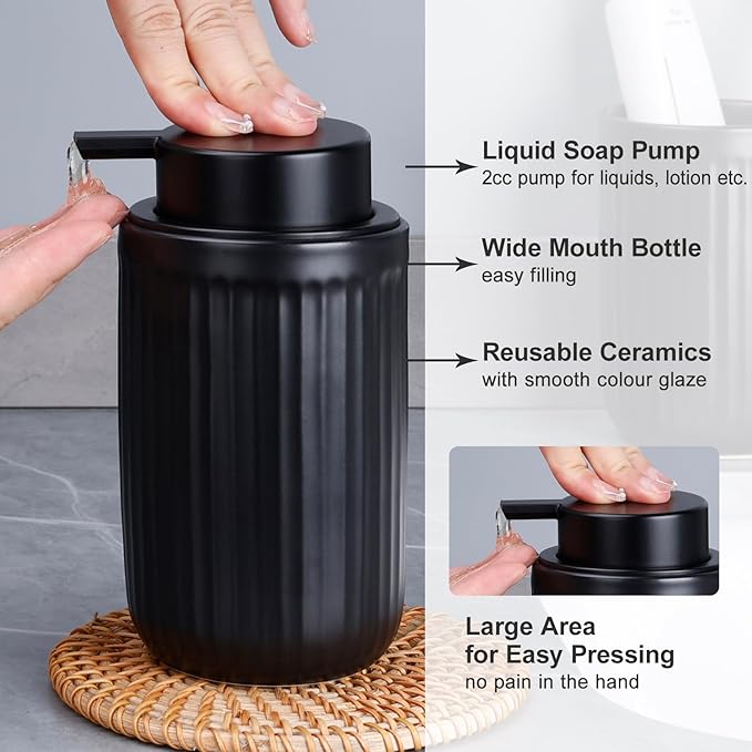 BosilunLife Dish Hand Soap Dispenser - Black Liquid Pump Soap Dispenser for Bathroom Decro 12oz Ceramic Kitchen Dish Dispenser with Rust-Proof Liquid Pump Modern Refillable Lotion Bottles