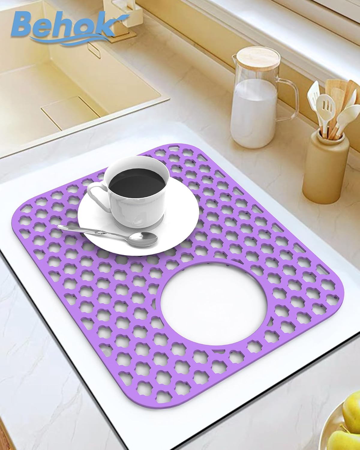 2 Pack Silicone Sink Protector for Kitchen Sink Bathroom, 13.58" x 11.6" Heat-resistant Sink Mat Non-Slip and Durable Silicone Protectors, Rear Drain (Purple)