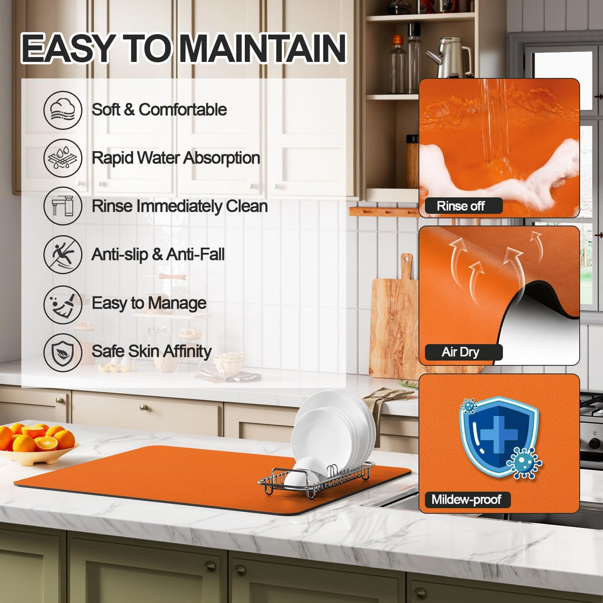 Dish Drying Mat for Kitchen Counter | Coffee Bar Mat for Countertops | Heat Resistant Drainer Mat with Non-slip Rubber Backed | Hide Stain Kitchen Absorbent Draining Mat | Orange 16"x20"