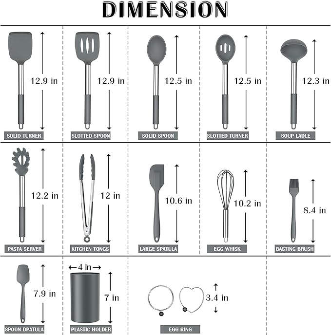 Silicone Cooking Utensils Set, E-far 14-Piece Gray Kitchen Utensils Set with Holder, Kitchen Tools Spatulas with Stainless Steel Handle for Non-stick Cookware, Heat Resistant & Dishwasher safe