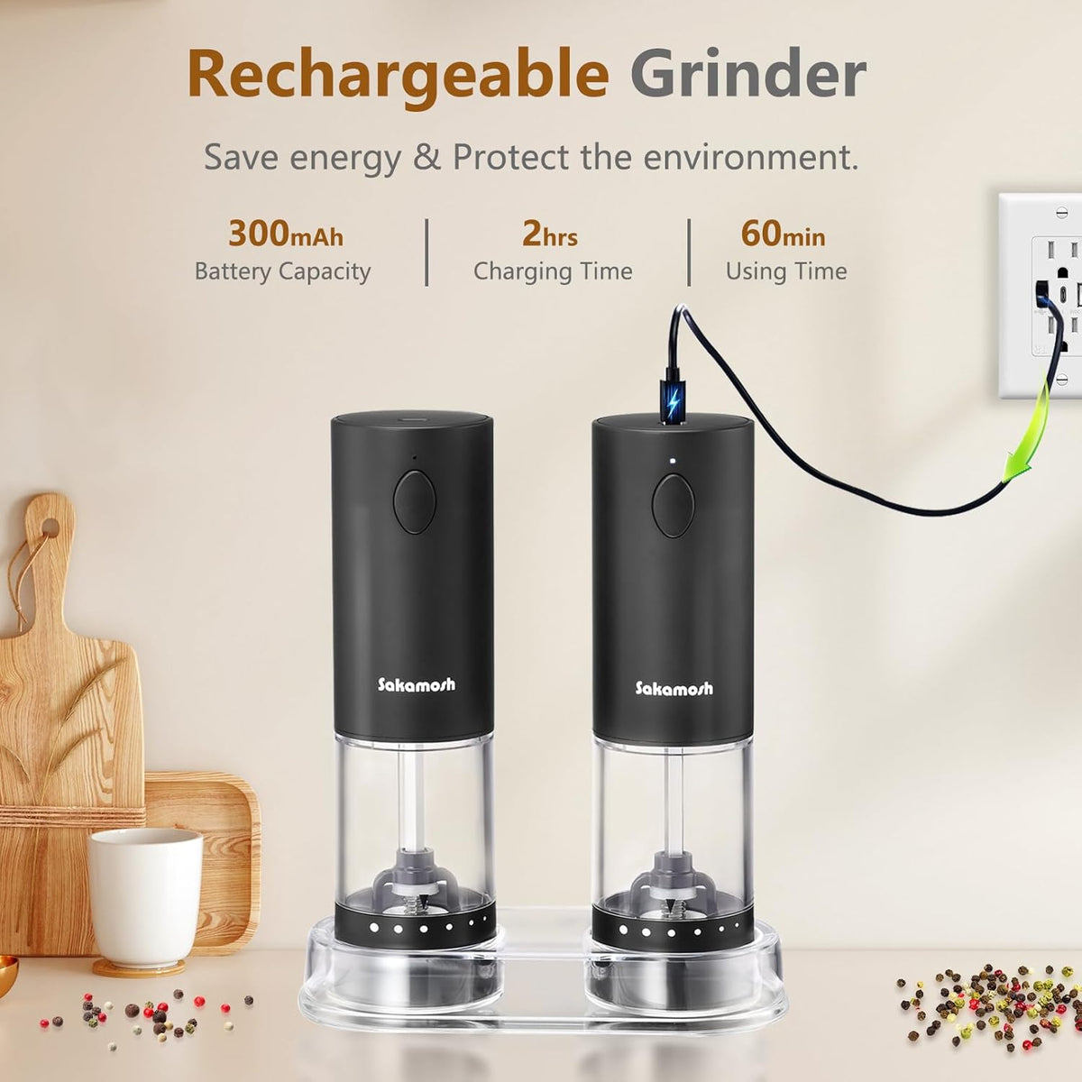 Electric Black Salt and Pepper Set with base, Rechargeable 6 External Adjustable Coarseness Automatic Pepper Mill Shakers, 95ml Large Capacity, One-Handed Operation 2 Pack