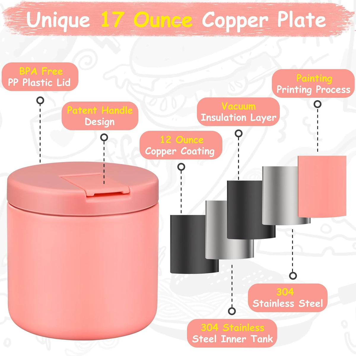 19oz Insulated Vacuum Food Jar with Buckle Lid Wide Mouth Soup Thermo for Hot Food Kids Leakproof Stainless Steel Lunch Container- Pink-1Pack