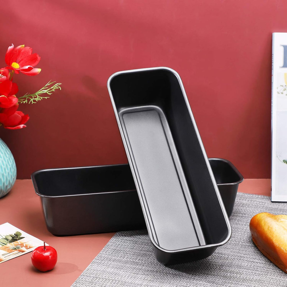 Beasea Long Loaf Bread Pan, 12x4 Inch 2 Set Rectangle Loaf Pan, Nonstick Bread Pans Carbon Steel Toast Pan Black Cake Pan Loaf Baking Pans Bakeware for Oven Baking