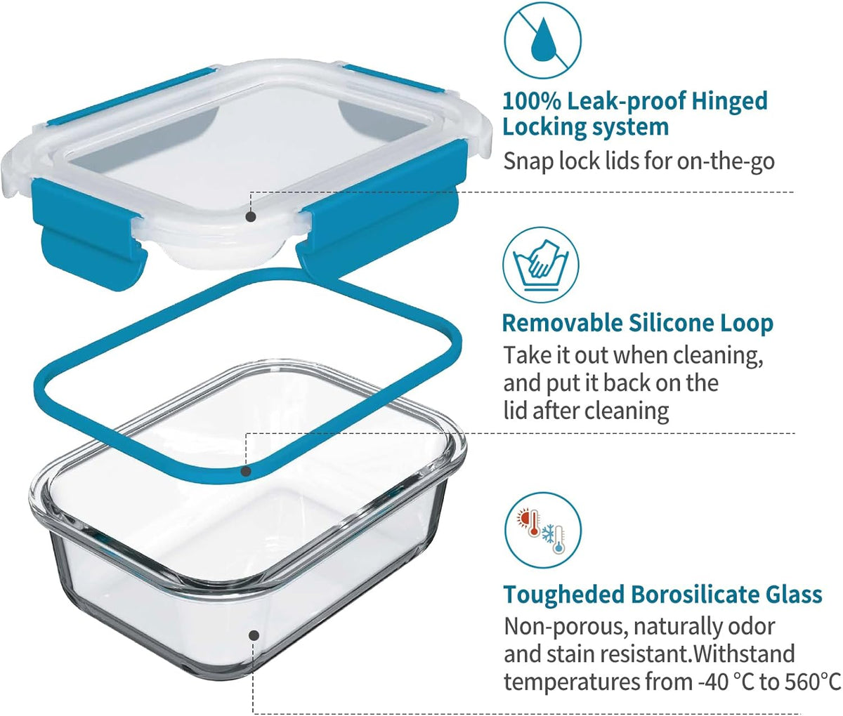 GENICOOK 9-Pack Glass Food Storage Containers with Airtight Lids-Glass Meal Prep Containers/Bento Box/Microwave Freezer Dishwasher Safe-Glass Lunch Box for Kitchen,Stackable,Large Capacity, BPA Free