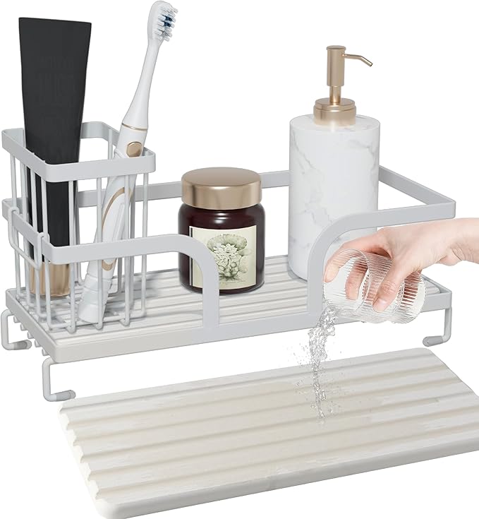 Bathroom Counter Organizer,Perfume Tray,Stone Drying Mat for Kitchen Counter,9.7" x 4.2"x 3.2", Ideal for Bathroom Organizers and Storage, Vanity, Skincare, Present, and More,1PCS White