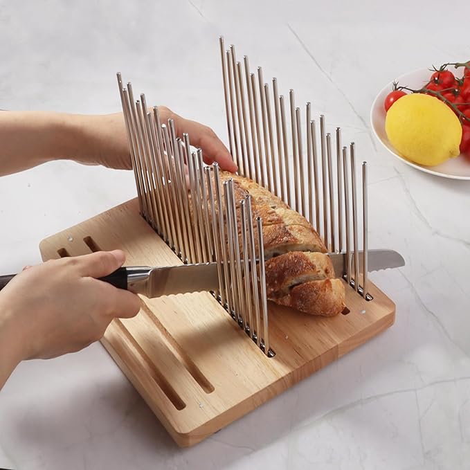 Bread Slicer, Stainless Steel Bread Slicer for Homemade Bread,Adjustable Bread Slicing Guide, Foldable and Compact Cutting Guide, Durable and Stable Wooden Structure for Bread Loaf Slicer