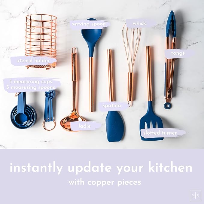 Copper and Blue Silicone Cooking Utensils Set - 17-Piece Set with Copper Utensil Holder and Measuring Cups and Spoons for Stylish Cooking and Baking - Blue Kitchen Decor, Unique Kitchen Gifts