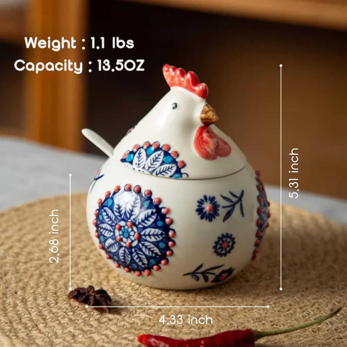 13.5 Oz Salt Cellar With Lid and Spoon (Blue)- Ceramic Chicken Spice Jars for Salt, Sugar, Pepper - Spice Containers for Countertop