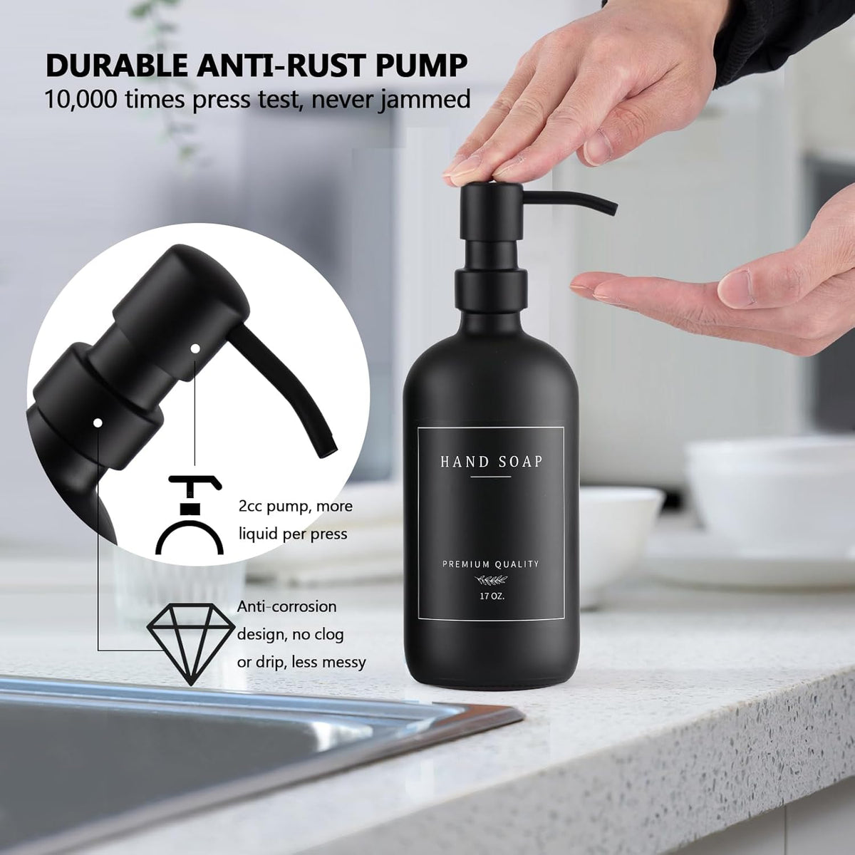 Black Thick Glass Soap Dispenser - Farmhouse Kitchen Dish &Hand Soap Dispenser Set, 304 Rustproof Pump Lotion Dispenser Bathroom with Tray, 14 Waterproof Stickers for Kitchen Decor Sink