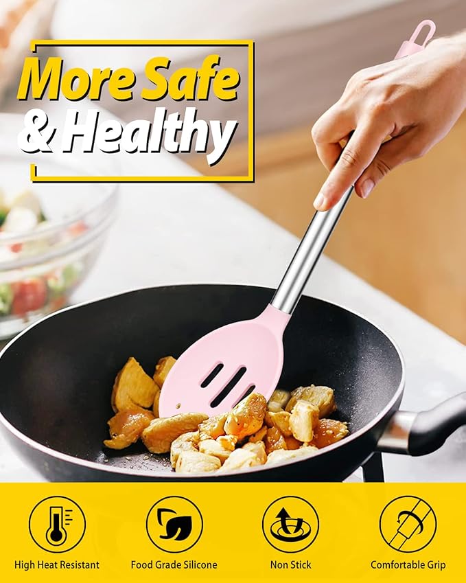 Pack of 2 Large Silicone Cooking Spoons,Non Stick Solid Basting Spoon,Heat-Resistant Kitchen Utensils for Mixing,Serving,Draining,Stirring (PINK)