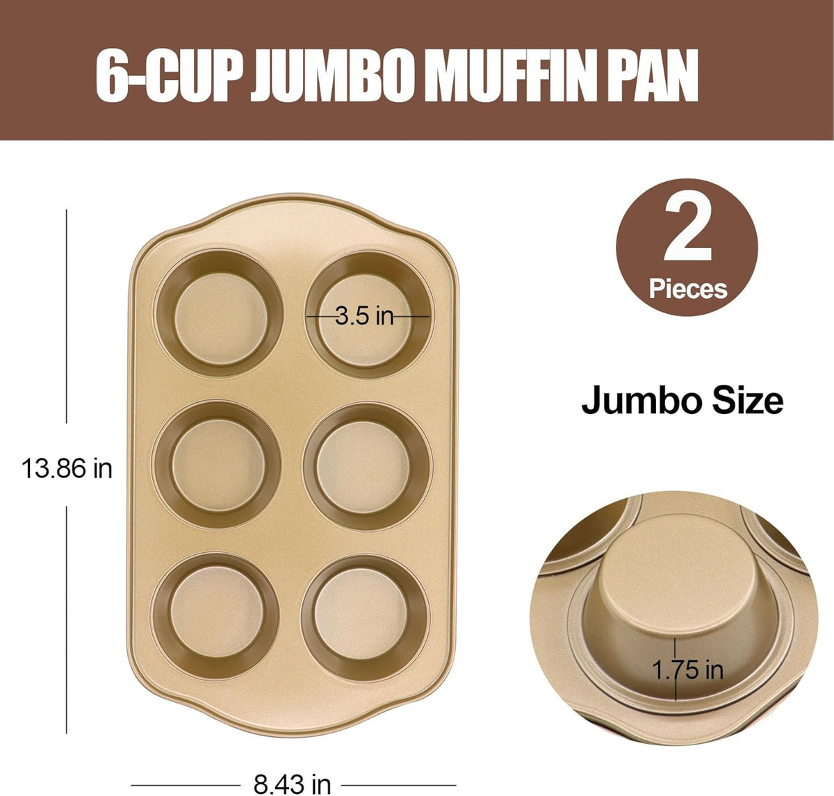 Jumbo Muffin Pan 2 Pack, Nonstick Large Cupcake Pan 6 Cup, Heavy Duty 0.5mm Thick Steel Big Muffin Tins for Baking, 3.5inch Dia, Gold