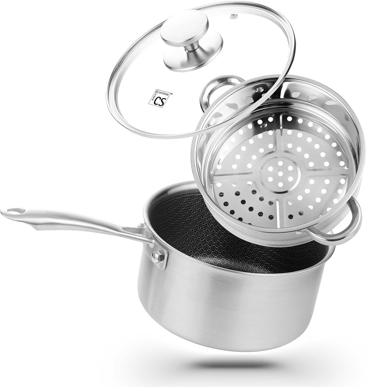 KOCH SYSTEME CS Hybrid Nonstick Stainless Steel Sauce Pan with Steamer Insert, 18/10 Steel 2QT Sauce Pan with Lid, Triple Stainless Steel Pot with Honeycomb Interior, Induction Compatible & Oven Safe