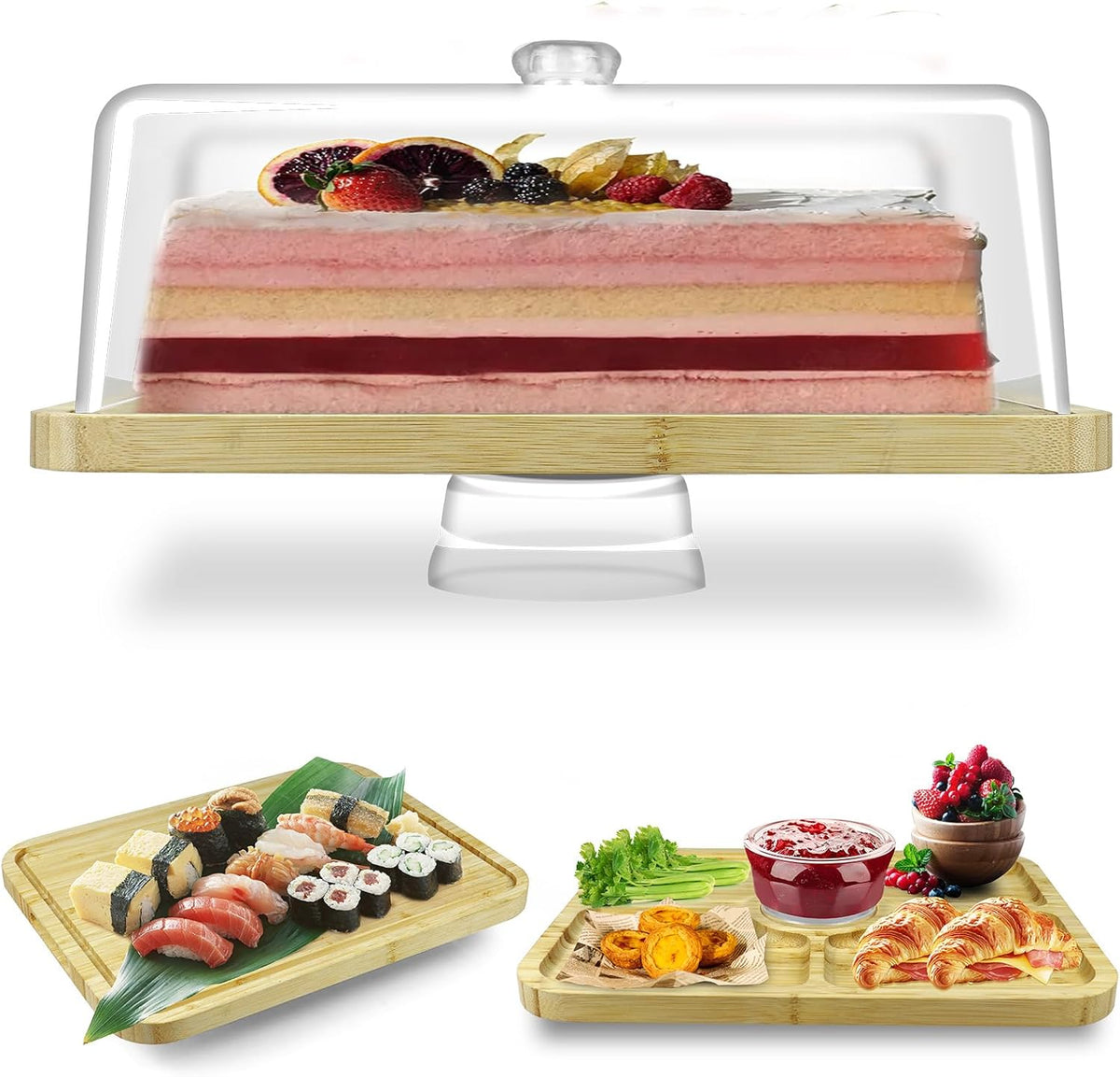 Cutesun Bamboo Wood Cake Stand with Lid - Rectangular Cake Holder, 16'' 2-in-1 Dessert Table Display Set & Charcuterie Board for Cheese, Chips, Fruit Platter, Large/big Acrylic Cake Dome Cover, Natural