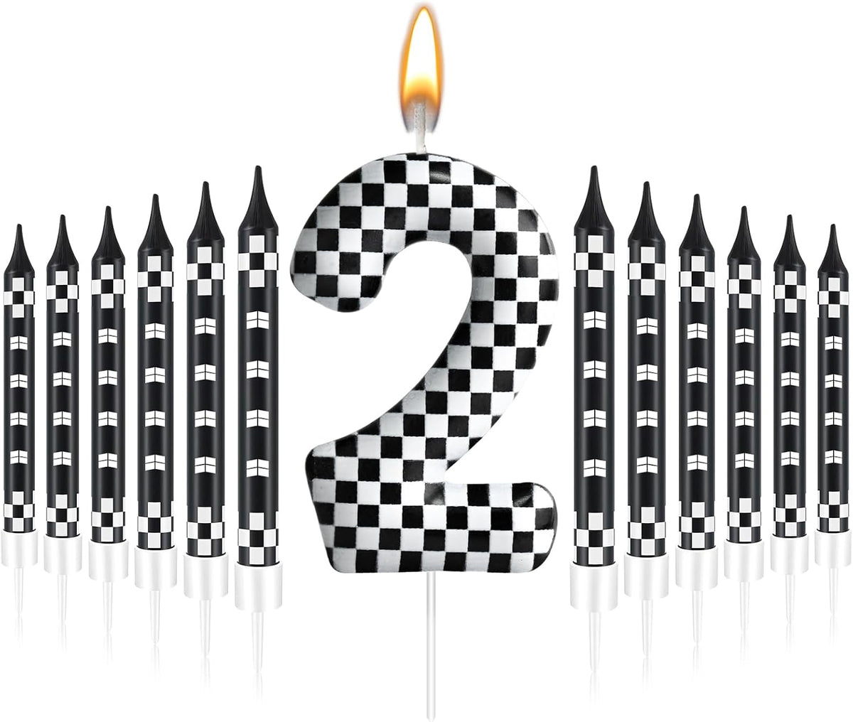 13 Pcs Racing Cars Themed Birthday Candles Black and White Race Number 2 Checkered Candle Cake Topper for Racing Car Party Decoration Supplies (Number 2)