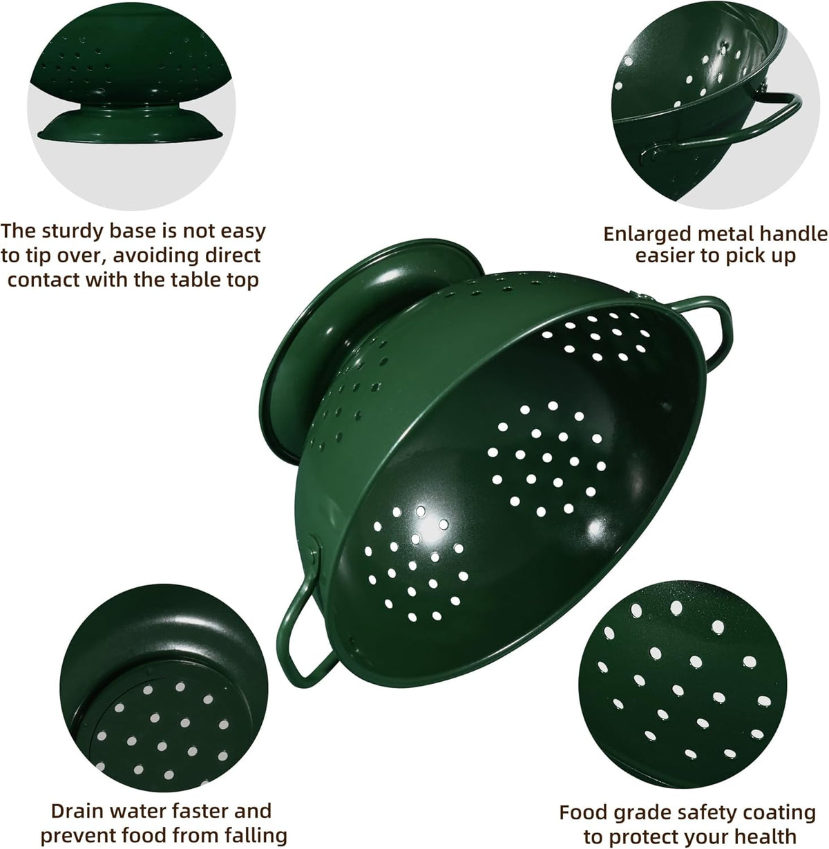 Metal Colander Set of 3, Strainer Basket with Handles perfect for Spaghetti, Pasta, Berry, Vegetable, Fruit, Solid Base Powder Coated Kitchen Essential Strainer Set, 1 & 3.5 & 5 Qt (Dark Green)
