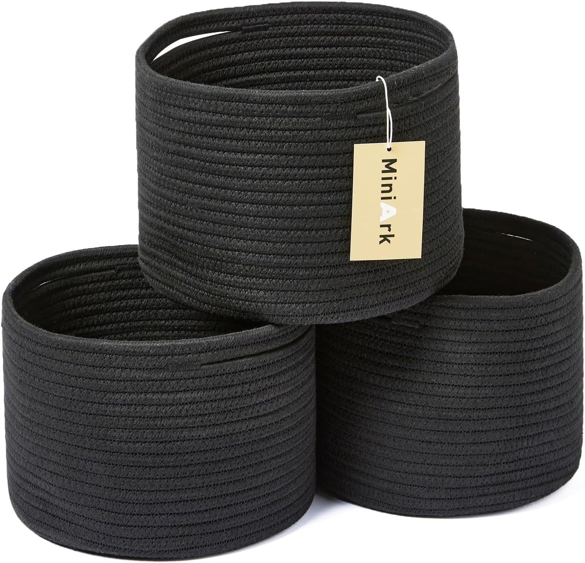Small Basket for Organizing | Cube Shelf Closet Storage Baskets | 9.7×9.7×7.1” | Woven Rope Gift Basket | Nursery | Round 3 Packs Black
