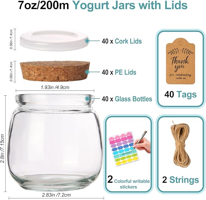 AIXIANG Glass Favor Jars with Cork Lid and Seal Cap,40 Pack 7 oz Small Glass Bottles for Wedding Favor,Baby Shower,Party Favor,Gift Jars, Candy, Spices, with Twine, Labels, Decorative Jars