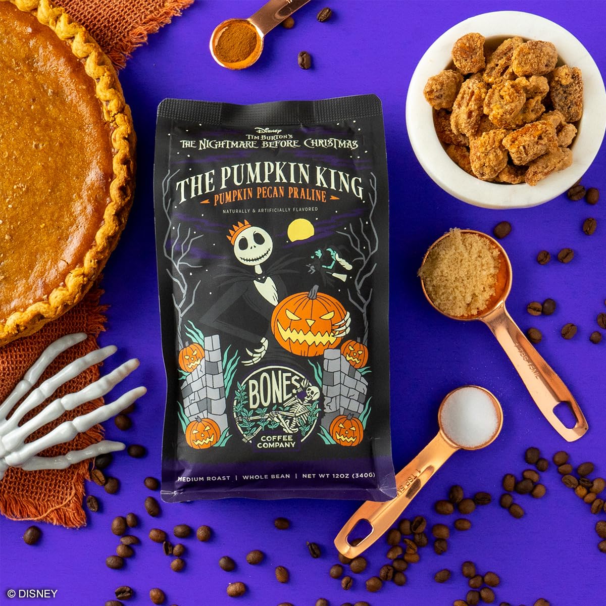 Bones Coffee Company The Nightmare Before Christmas Pumpkin King Flavored Coffee Beans, Medium Roast Ground Coffee Low Acid, Pumpkin Pecan Praline Flavor (12 oz)