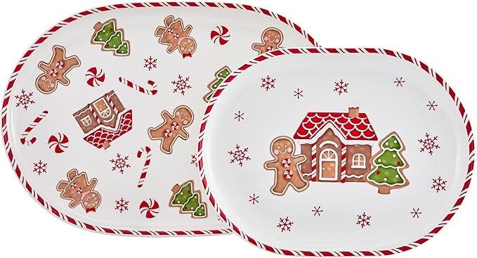 Bico Traditional Christmas Gingerbread Man Ceramic 16 inch plus 12 inch Ceramic Oval Platter, Set of 2, for Serving Turkey, Steak, Salad, Microwave & Dishwasher Safe